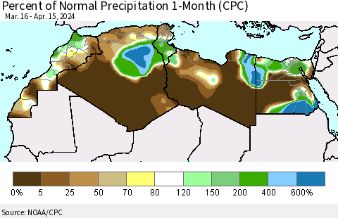 North Africa Percent of Normal Precipitation 1-Month (CPC) Thematic Map For 3/16/2024 - 4/15/2024