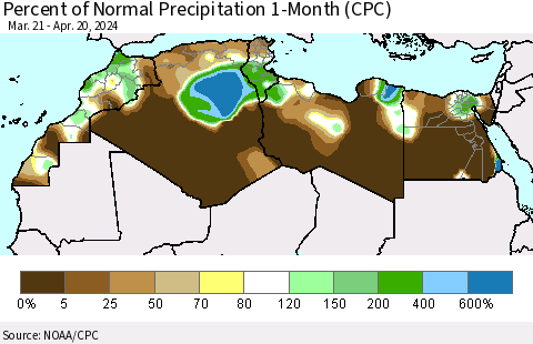 North Africa Percent of Normal Precipitation 1-Month (CPC) Thematic Map For 3/21/2024 - 4/20/2024