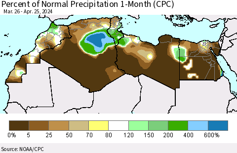 North Africa Percent of Normal Precipitation 1-Month (CPC) Thematic Map For 3/26/2024 - 4/25/2024