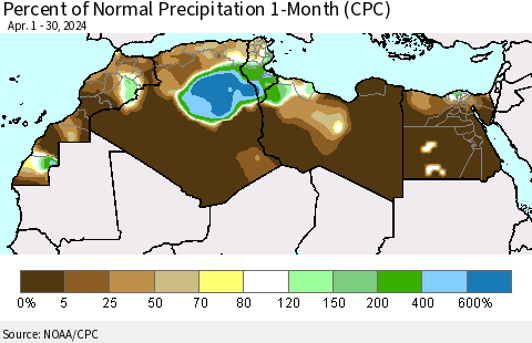 North Africa Percent of Normal Precipitation 1-Month (CPC) Thematic Map For 4/1/2024 - 4/30/2024