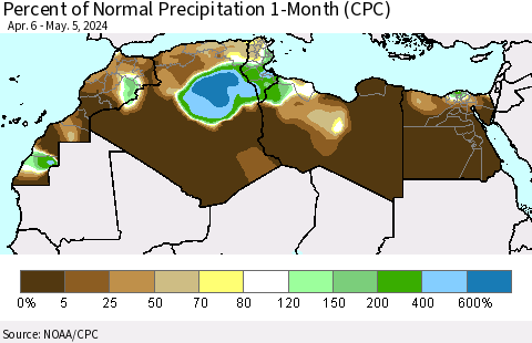 North Africa Percent of Normal Precipitation 1-Month (CPC) Thematic Map For 4/6/2024 - 5/5/2024