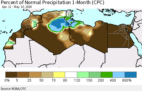 North Africa Percent of Normal Precipitation 1-Month (CPC) Thematic Map For 4/11/2024 - 5/10/2024