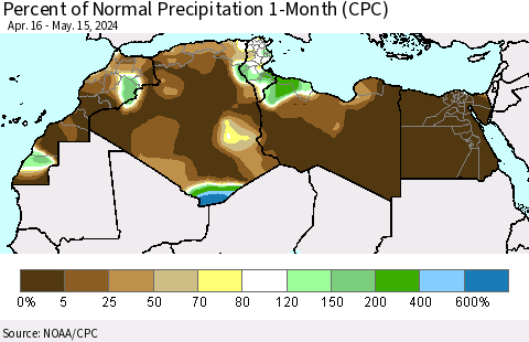 North Africa Percent of Normal Precipitation 1-Month (CPC) Thematic Map For 4/16/2024 - 5/15/2024