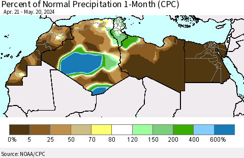 North Africa Percent of Normal Precipitation 1-Month (CPC) Thematic Map For 4/21/2024 - 5/20/2024