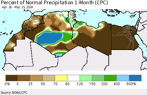 North Africa Percent of Normal Precipitation 1-Month (CPC) Thematic Map For 4/26/2024 - 5/25/2024