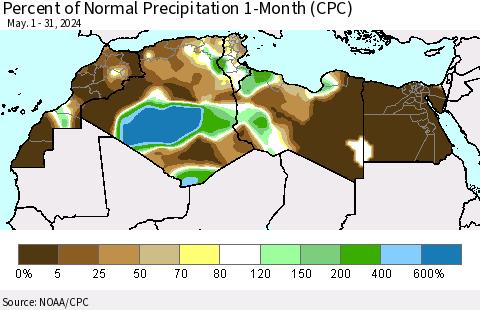 North Africa Percent of Normal Precipitation 1-Month (CPC) Thematic Map For 5/1/2024 - 5/31/2024