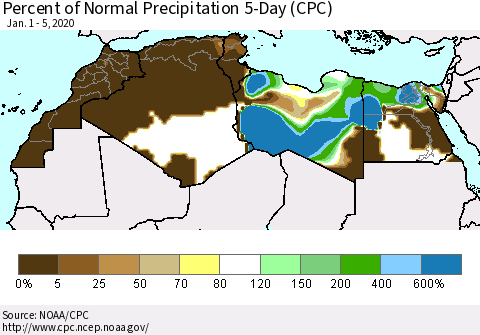 North Africa Percent of Normal Precipitation 5-Day (CPC) Thematic Map For 1/1/2020 - 1/5/2020