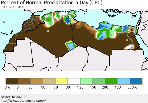 North Africa Percent of Normal Precipitation 5-Day (CPC) Thematic Map For 1/6/2020 - 1/10/2020