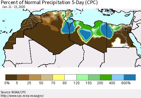 North Africa Percent of Normal Precipitation 5-Day (CPC) Thematic Map For 1/11/2020 - 1/15/2020