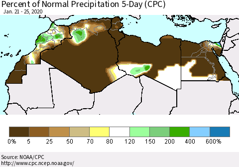 North Africa Percent of Normal Precipitation 5-Day (CPC) Thematic Map For 1/21/2020 - 1/25/2020