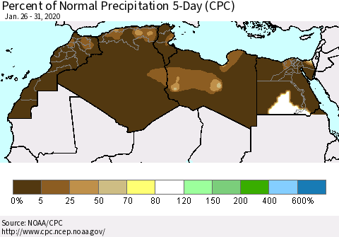 North Africa Percent of Normal Precipitation 5-Day (CPC) Thematic Map For 1/26/2020 - 1/31/2020
