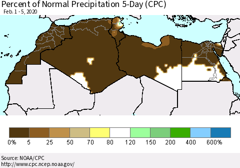 North Africa Percent of Normal Precipitation 5-Day (CPC) Thematic Map For 2/1/2020 - 2/5/2020