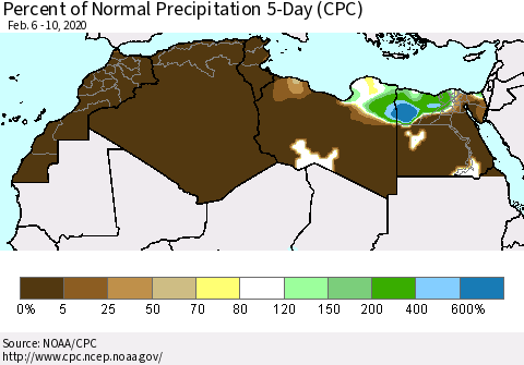 North Africa Percent of Normal Precipitation 5-Day (CPC) Thematic Map For 2/6/2020 - 2/10/2020