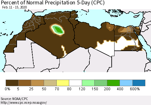North Africa Percent of Normal Precipitation 5-Day (CPC) Thematic Map For 2/11/2020 - 2/15/2020