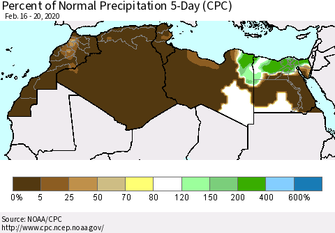North Africa Percent of Normal Precipitation 5-Day (CPC) Thematic Map For 2/16/2020 - 2/20/2020