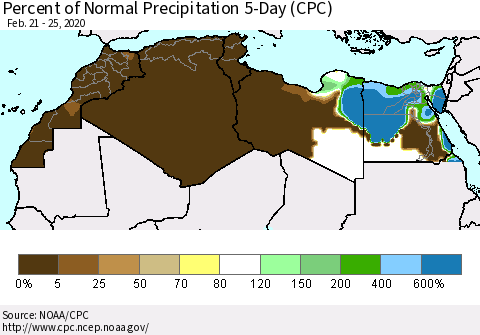 North Africa Percent of Normal Precipitation 5-Day (CPC) Thematic Map For 2/21/2020 - 2/25/2020