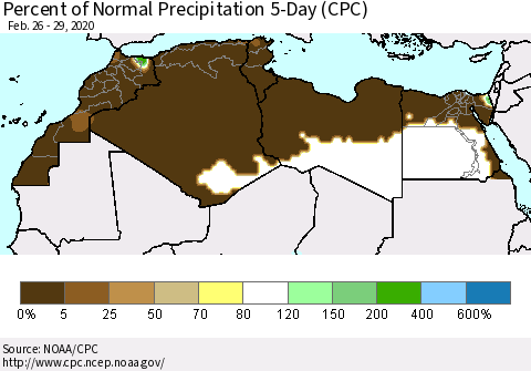 North Africa Percent of Normal Precipitation 5-Day (CPC) Thematic Map For 2/26/2020 - 2/29/2020