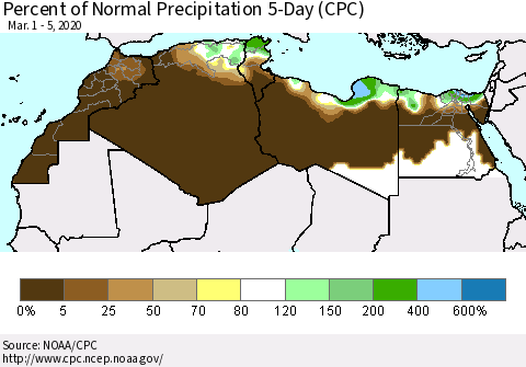 North Africa Percent of Normal Precipitation 5-Day (CPC) Thematic Map For 3/1/2020 - 3/5/2020