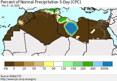 North Africa Percent of Normal Precipitation 5-Day (CPC) Thematic Map For 3/6/2020 - 3/10/2020