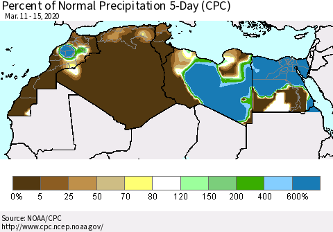 North Africa Percent of Normal Precipitation 5-Day (CPC) Thematic Map For 3/11/2020 - 3/15/2020