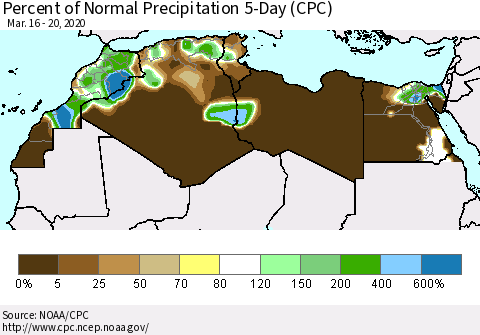 North Africa Percent of Normal Precipitation 5-Day (CPC) Thematic Map For 3/16/2020 - 3/20/2020