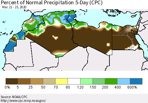 North Africa Percent of Normal Precipitation 5-Day (CPC) Thematic Map For 3/21/2020 - 3/25/2020