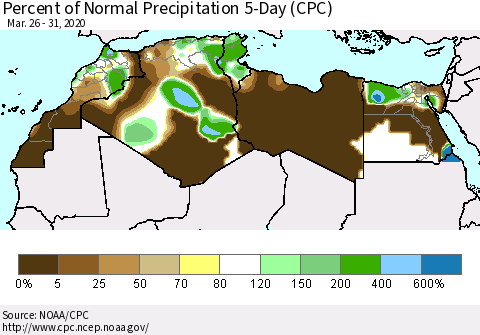 North Africa Percent of Normal Precipitation 5-Day (CPC) Thematic Map For 3/26/2020 - 3/31/2020