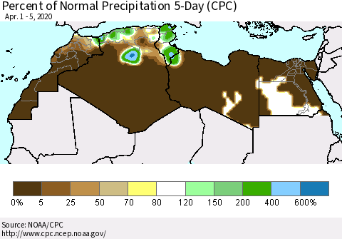 North Africa Percent of Normal Precipitation 5-Day (CPC) Thematic Map For 4/1/2020 - 4/5/2020