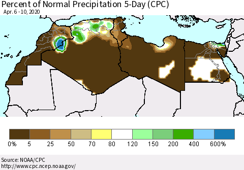 North Africa Percent of Normal Precipitation 5-Day (CPC) Thematic Map For 4/6/2020 - 4/10/2020