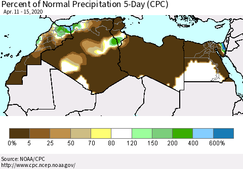 North Africa Percent of Normal Precipitation 5-Day (CPC) Thematic Map For 4/11/2020 - 4/15/2020