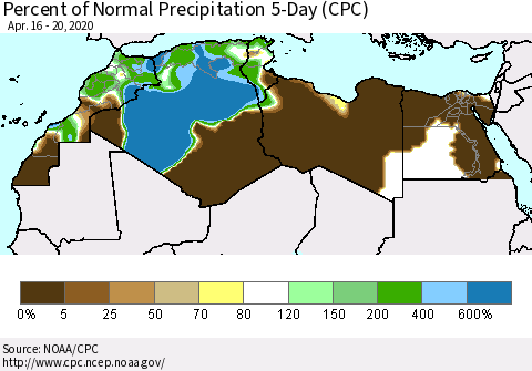 North Africa Percent of Normal Precipitation 5-Day (CPC) Thematic Map For 4/16/2020 - 4/20/2020