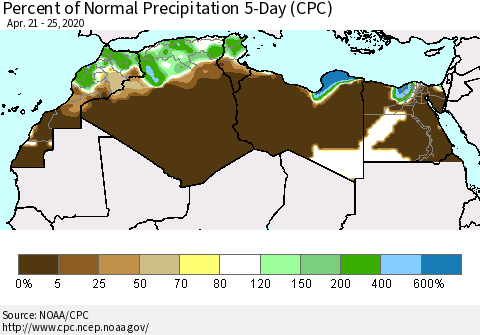 North Africa Percent of Normal Precipitation 5-Day (CPC) Thematic Map For 4/21/2020 - 4/25/2020