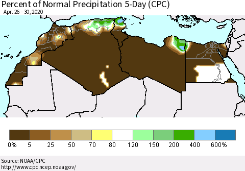 North Africa Percent of Normal Precipitation 5-Day (CPC) Thematic Map For 4/26/2020 - 4/30/2020