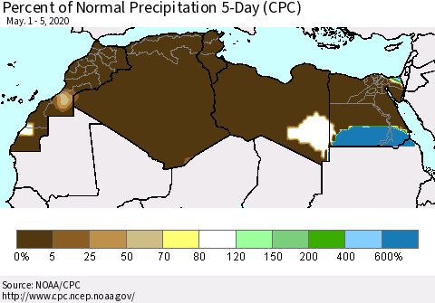 North Africa Percent of Normal Precipitation 5-Day (CPC) Thematic Map For 5/1/2020 - 5/5/2020