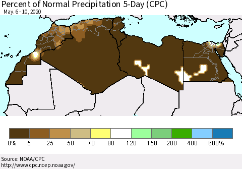 North Africa Percent of Normal Precipitation 5-Day (CPC) Thematic Map For 5/6/2020 - 5/10/2020