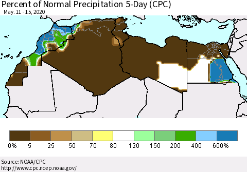 North Africa Percent of Normal Precipitation 5-Day (CPC) Thematic Map For 5/11/2020 - 5/15/2020