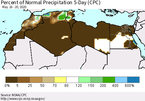 North Africa Percent of Normal Precipitation 5-Day (CPC) Thematic Map For 5/16/2020 - 5/20/2020
