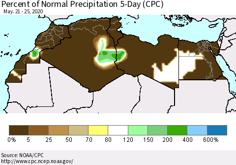 North Africa Percent of Normal Precipitation 5-Day (CPC) Thematic Map For 5/21/2020 - 5/25/2020