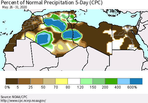 North Africa Percent of Normal Precipitation 5-Day (CPC) Thematic Map For 5/26/2020 - 5/31/2020
