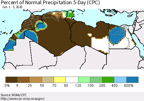 North Africa Percent of Normal Precipitation 5-Day (CPC) Thematic Map For 6/1/2020 - 6/5/2020