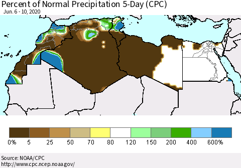 North Africa Percent of Normal Precipitation 5-Day (CPC) Thematic Map For 6/6/2020 - 6/10/2020