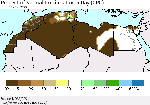 North Africa Percent of Normal Precipitation 5-Day (CPC) Thematic Map For 6/11/2020 - 6/15/2020