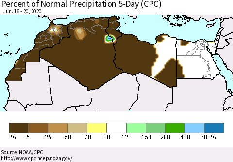 North Africa Percent of Normal Precipitation 5-Day (CPC) Thematic Map For 6/16/2020 - 6/20/2020