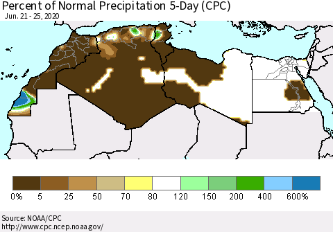 North Africa Percent of Normal Precipitation 5-Day (CPC) Thematic Map For 6/21/2020 - 6/25/2020