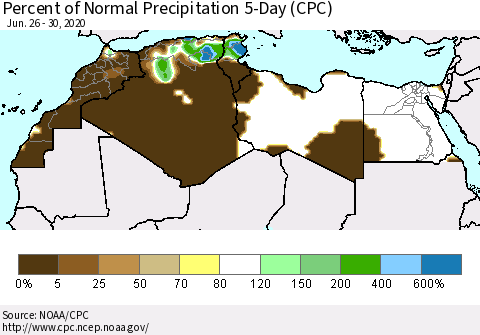 North Africa Percent of Normal Precipitation 5-Day (CPC) Thematic Map For 6/26/2020 - 6/30/2020