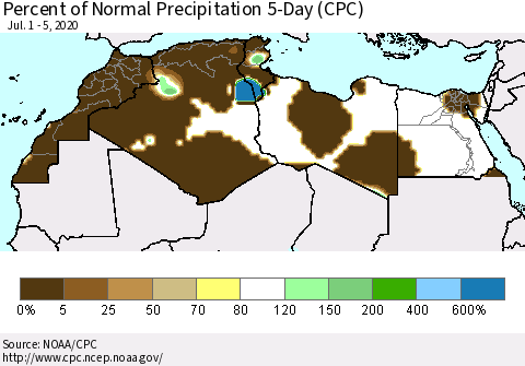 North Africa Percent of Normal Precipitation 5-Day (CPC) Thematic Map For 7/1/2020 - 7/5/2020