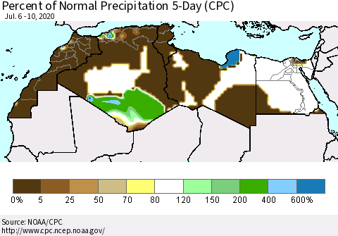 North Africa Percent of Normal Precipitation 5-Day (CPC) Thematic Map For 7/6/2020 - 7/10/2020
