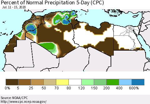 North Africa Percent of Normal Precipitation 5-Day (CPC) Thematic Map For 7/11/2020 - 7/15/2020