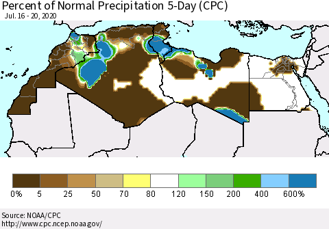 North Africa Percent of Normal Precipitation 5-Day (CPC) Thematic Map For 7/16/2020 - 7/20/2020