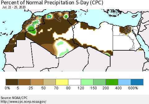 North Africa Percent of Normal Precipitation 5-Day (CPC) Thematic Map For 7/21/2020 - 7/25/2020
